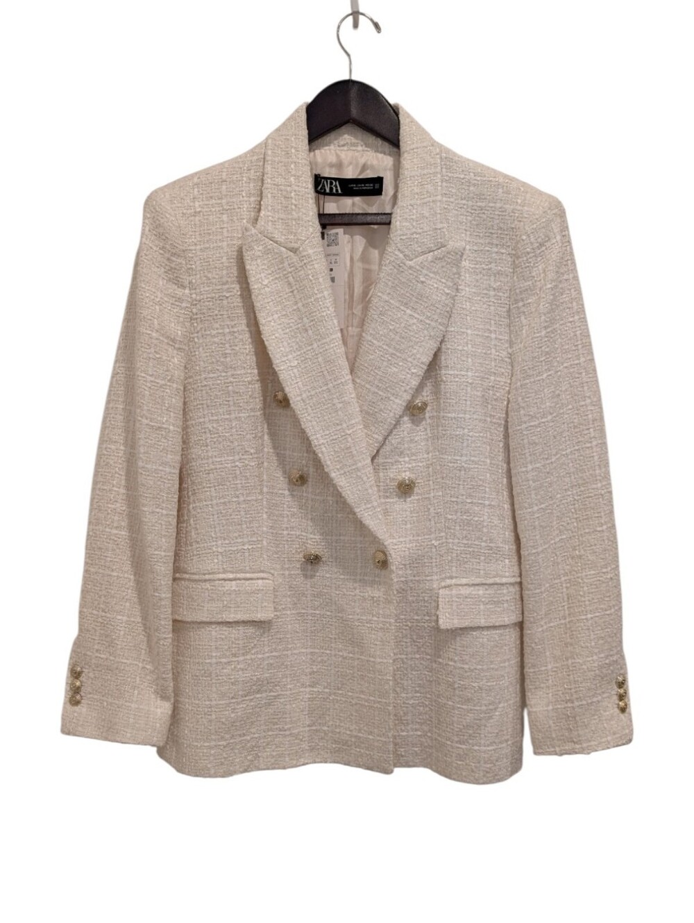 ZARA NWT Ecru Textured Tweed Gold Button Double Breasted Blazer XL